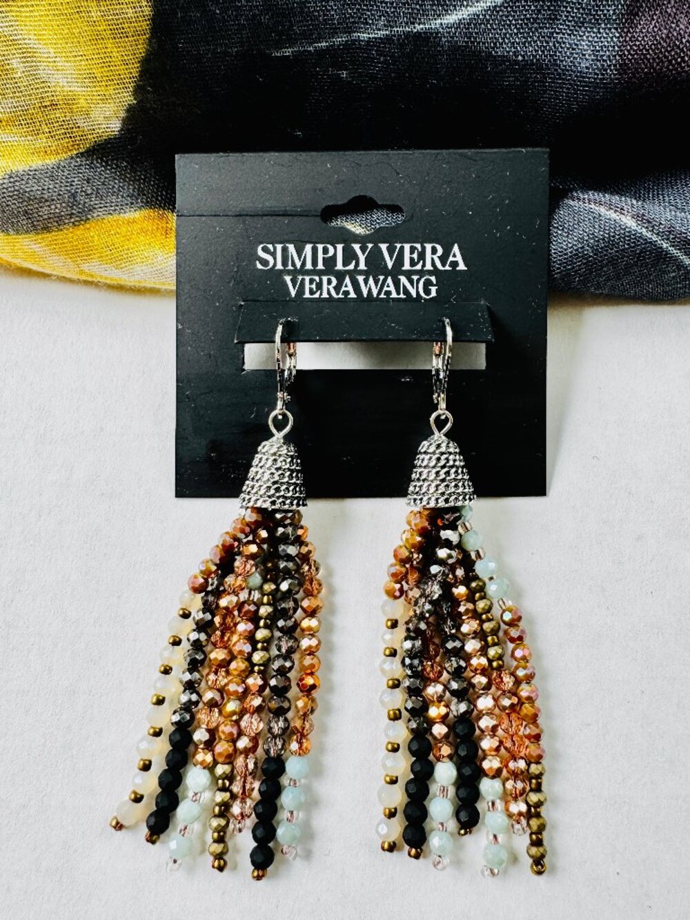 Simply Vera Vera Wang Earrings - Glass Bead Brown Blue Ivory Aqua Tassels - NEW